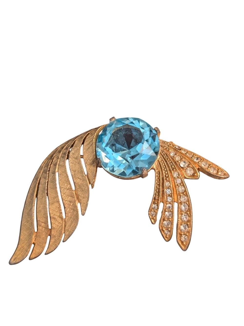 Rare Vintage Signed Charel Large Blue Stone & Rhinestone Gold Tone Brooch